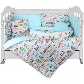 Set Lenjerie cu Baby Nest 9 piese 60/120 cm, bumbac 100%, Train - Multicolor