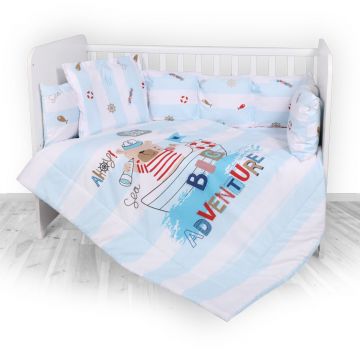 Set lenjerie de pat Lorelli, cu 7 piese din bumbac ranforce, Lily, Adventure Blue