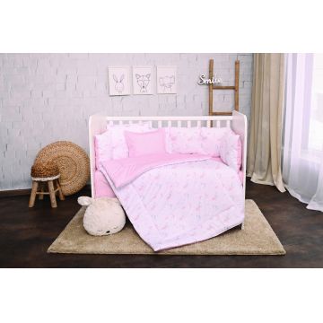 Set lenjerie de pat Lorelli, cu 7 piese din bumbac ranforce, Lily, Pink Moons and Stars