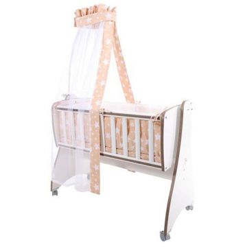 Set lenjerie pat 7 Piese Bumbac Ranforce Lorelli pentru pat balansoar First Dreams, Beige Stars