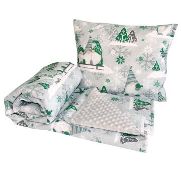 Set Pilota matlasata din bumbac cu Minki si perna, 3 piese, 100x150/35x45 cm Christmas Day - Gri/Verde
