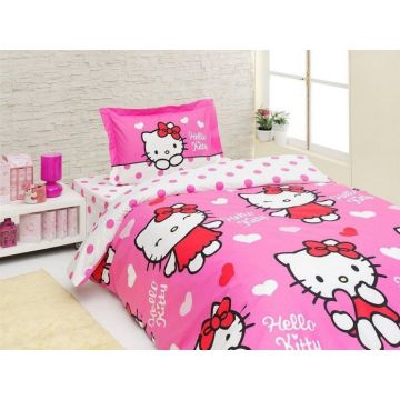Lenjerie de pat pentru copii Hello Kitty Miss Love, 1 persoana, bumbac 100%, 3 piese, roz + alb + rosu
