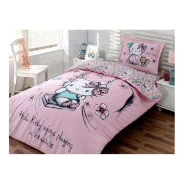 Lenjerie de pat pentru copii Hello Kitty Nature, 1 persoana, bumbac 100%, 3 piese, roz