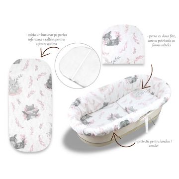 MimiNu - Set pentru landou/cosulet, Cu protectie, saltea si pernuta, Din bumbac certificat Oeko Tex Standard 100, Lulu Rose