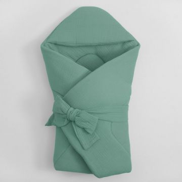 Paturica de infasat cu gluga, Cu multiple utilizari, Cu inchidere cu panglica cu fundita, Dimensiune 75x75 cm, Din muselina, Din materiale certificate Oeko Tex Standard 100, New Baby, Green