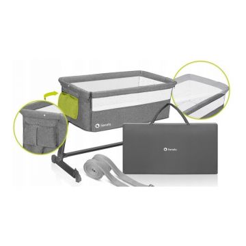 Patut co-sleeper Lionelo Theo Grey Stone 2 in 1 cu setare unghiulara, reglabil pe inaltime, laterala culisanta, standard European EN 1130