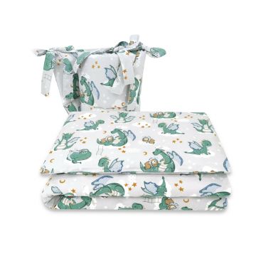 Qmini - Lenjerie patut 3 piese, Cu protectie laterala, Din bumbac certificat Oeko Tex Standard 100, Pentru patut 140x70 cm, Dragons Gray