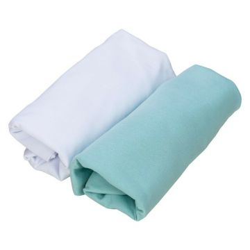 Set 2 cearceafuri cu elastic, B몺, Pentru patut leagan sau patut co-sleeper, Dimensiune 90x50 cm, Din bumbac jersey, Alb si mint