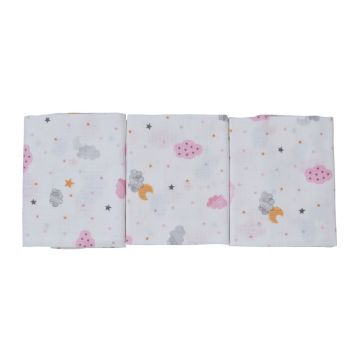 Set 3 paturici muselina din bumbac organic Nichiduta 90x90cm Pink Clouds