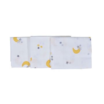 Set 3 paturici muselina din bumbac organic Nichiduta 90x90cm Yellow moon