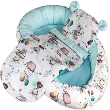 Set 3 piese Baby Nest cu Pernita si Salteluta, fata dubla Brown Mouse- Maro