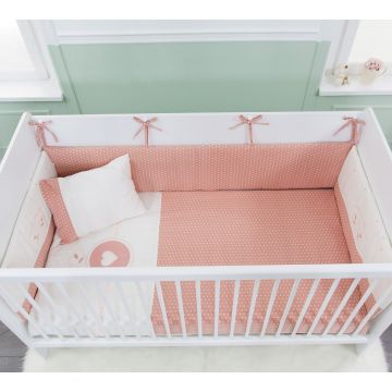 Set lenjerie din bumbac pentru patut bebe, 6 piese, Romantic Baby Alb / Roz, 80 x 130 cm