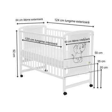 Patut din lemn Qmini Timmi Elephant 120x60 cm Alb