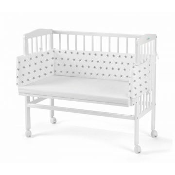 Patut pentru copii 2in1, 90 cm x 55 cm, lemn de fag, vopsea certificata, roti blocabile, laterala detasabila, co-sleeping, Saltea inclusa, Aparatoare laterala din bumbac, Waldin, Cover, Alb, 8S1