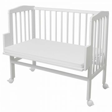 Patut suplimentar 2in1 pentru copii, Waldin, 90 cm x 55 cm, lemn de fag, vopsea certificata, roti blocabile, laterala detasabila, co-sleeping, Saltea inclusa, Alb