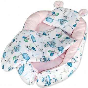 Set 3 piese Baby Nest cu Pernita si Salteluta, fata dubla Pink Mouse - Roz