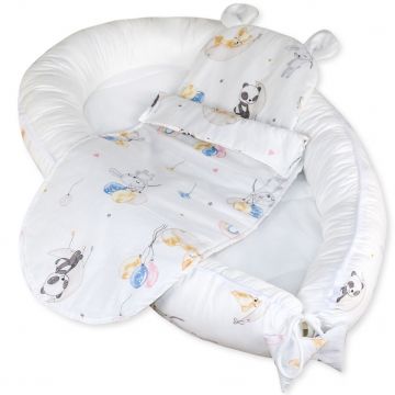 Set Baby Nest cu Pernita si Salteluta, fata dubla Bunnies - Multicolor