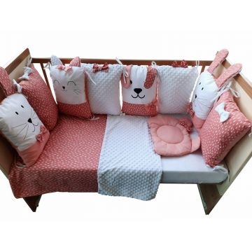 Lenjerie patut cu 12 piese, B몺, Pentru patut, Cu 8 aparatori laterale, Pernuta, Paturica, Husa pentru paturica, Cearceaf pentru saltele 120x60 cm sau 140x70 cm, Sleep Quardian Pink