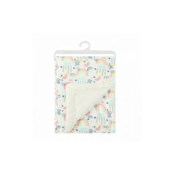 Paturica pufoasa pentru bebelusi 75 x 100 cm - model curcubeu si stelute