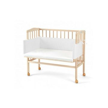 Patut pentru copii 2in1, 90 cm x 55 cm, lemn de fag, vopsea certificata, roti blocabile, laterala detasabila, co-sleeping, Saltea inclusa, Aparatoare laterala din bumbac, Waldin, Cover, Natural, 88