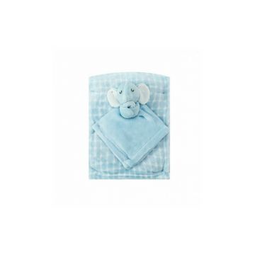 Set cadou pentru bebelusi cu paturica din fleece si jucarie elefantel bleu