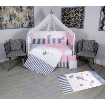 Set Lenjerie MyKids 9 piese Elephant gri-roz fara baldachin 120x60 cm + Covoras Mykids Carpet VP03 160x100 cm