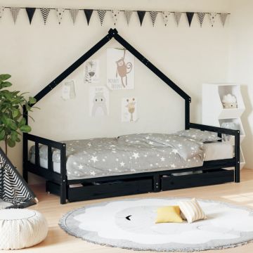 vidaXL Cadru de pat copii cu sertare, negru, 90x190 cm, lemn masiv pin