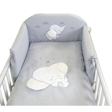 Pj Baby - Lenjerie 3 piese Cu protectie laterala Elephant din Bumbac, 120x60 cm, Gri