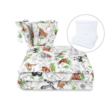 Qmini - Set lenjerie patut 5 piese, Cu pilota si perna, Din bumbac certificat Oeko Tex Standard 100, Pentru patut 120x60 cm, The continents