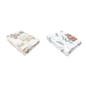 Set 2 cearceafuri cu elastic, MimiNu, Pentru patut leagan sau patut co-sleeper, 90x40 cm, Din bumbac, Material certificat Oeko Tex Standard 100, Zoo on Bikes Nugat and Lulu Natural