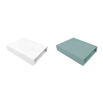 Set 2 cearceafuri cu elastic, Qmini, Pentru patut leagan sau patut co-sleeper, 90x40 cm, Din bumbac, Material certificat Oeko Tex Standard 100, White and Dark Mint