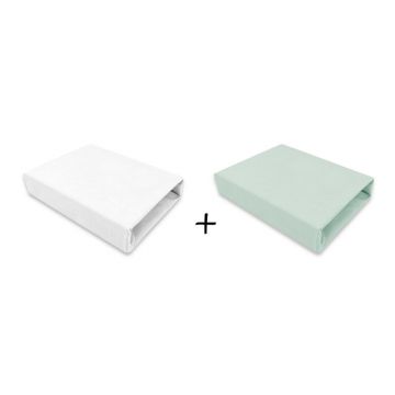 Set 2 cearceafuri cu elastic, Qmini, Pentru patut leagan sau patut co-sleeper, 90x50 cm, Din bumbac, Material certificat Oeko Tex Standard 100, White and Cold Mint