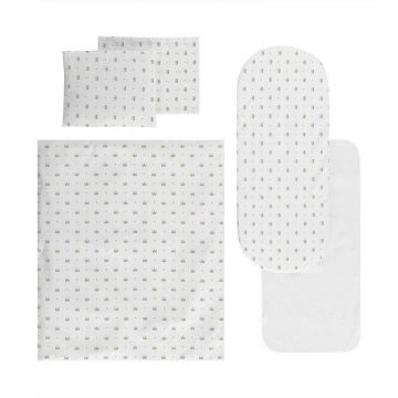 Set lenjerie pentru carucior, cu protectie impermeabila, 7 piese, White Crowns