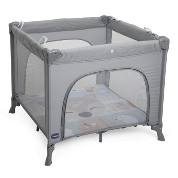 Tarc de joaca, Chicco, Pliabil, Include geanta de transport, Cu 4 manere pentru stabilitate, Cu deschidere laterala, Cu patura cu motive vesele, 89 x 89 x 102 cm, 0-48 luni, Gri