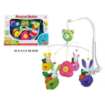 Carusel patut bebe muzical cu cheita si figurine plusate iepurasi