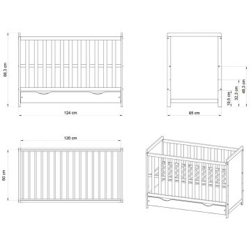 Patut copii din lemn Paula 120x60 alb cu sertar