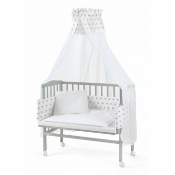 Patut pentru copii 2in1, 90 cm x 55 cm, lemn de fag, vopsea certificata, roti blocabile, laterala detasabila, co-sleeping, Saltea inclusa, Aparatoare laterala din bumbac, Baldacin cu Suport Metalic, Waldin, Equipment, Gri, 8S1