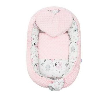 Set 3 piese, New Baby, Luxury, Baby Nest cu doua fete, Cu paturica si pernuta in forma de inima, Minky Bears Pink