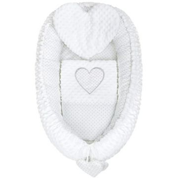 Set 3 piese, New Baby, Luxury, Baby Nest cu doua fete, Cu paturica si pernuta in forma de inima, Minky Heart White
