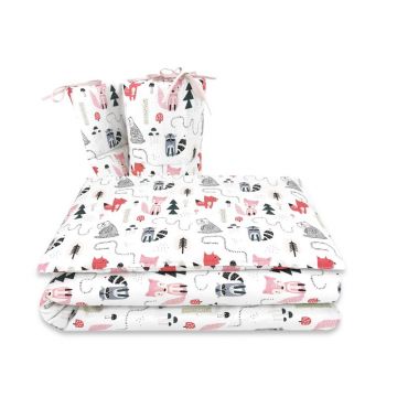 Lenjerie patut cu 3 piese, MimiNu, Pentru patut 120x60 cm, Cu protectie laterala, Din bumbac certificat Oeko Tex Standard 100, Fox