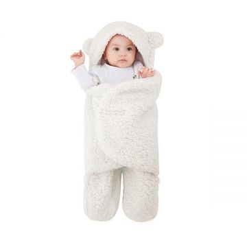 Paturica Pufoasa pentru Bebe, Teno®, in forma de ursulet pentru infasat bebelusi, prindere velcro, 0-6 luni, alb