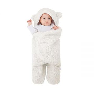 Paturica Pufoasa pentru Bebe, Teno®, in forma de ursulet pentru infasat bebelusi, prindere velcro, 0-6 luni, alb