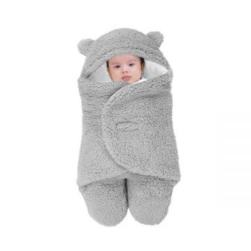 Paturica Pufoasa pentru Bebe, Teno®, in forma de ursulet pentru infasat bebelusi, prindere velcro, 0-6 luni, gri deschis