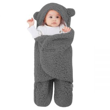 Paturica Pufoasa pentru Bebe, Teno®, in forma de ursulet pentru infasat bebelusi, prindere velcro, 0-6 luni, gri inchis