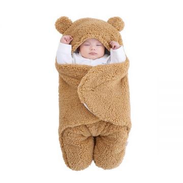 Paturica Pufoasa pentru Bebe, Teno®, in forma de ursulet pentru infasat bebelusi, prindere velcro, 0-6 luni, maro