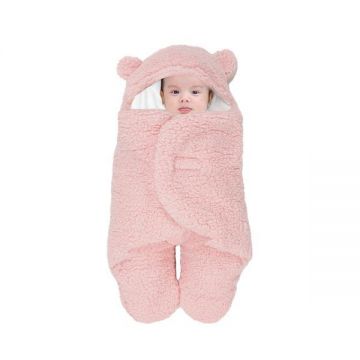Paturica Pufoasa pentru Bebe, Teno®, in forma de ursulet pentru infasat bebelusi, prindere velcro, 0-6 luni, roz