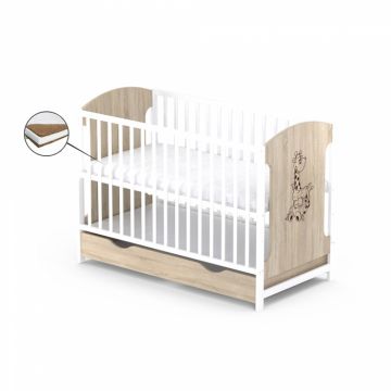 Patut cu sertar Vessanti Milo Girafa Stejar cu alb + Saltea Cocos 10 cm