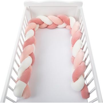 Protectie laterala, B몺, Pentru patut bebe, Tip Bumper impletit, Din bumbac, 235x15 cm, Pink White