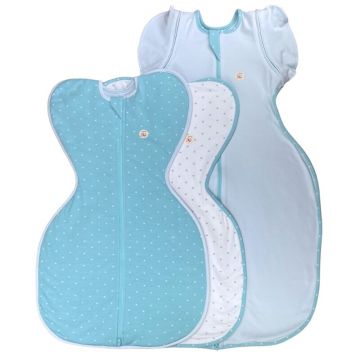 Set 3 saci de dormit Swaddle First Sleep Calm Star & Calm Light Faza 1, 60 cm, 1 tog & Coral Blue Faza 2, 74 cm, 0.5 tog