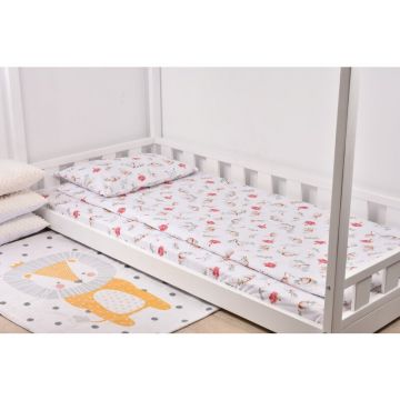 Lenjerie 3 piese pat casuta Montessori, 1 persoana 90x200 cm model flori de bumbac